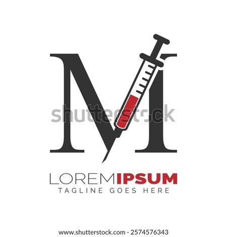 Letter M Injection Logo Design. Alphabet M Syringe icon illustration