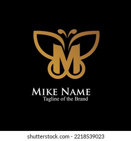 letter M inside buterfly logo. initial text luxury logo.  outline butterfly logo vector illustration.