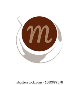 letter m inside cup of coffee, top view, vector