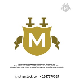 letter M inside a shield and a sword with a classic medieval style. classic elegant logo template.