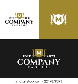letter M inside a shield and a sword with a classic medieval style. classic elegant logo template.