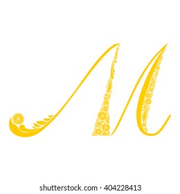 Letter M isolated on white. Romantic letter of beautiful lemon. Floral Alphabet. Vector Illustration