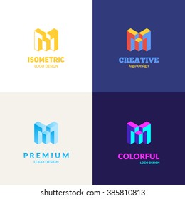 Letter "M" isometric logo set.