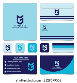 Letter M and J monogram logo design with business card and envelope template