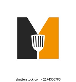 Letter M Kitchen Spatula Logo. Kitchen Logo Design Combined With Kitchen Spatula For Restaurant Symbol