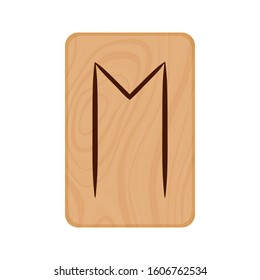 The letter "M" of the Latin alphabet burned on a wooden plank in the style of Scandinavian runes. Vector stock illustration isolated on transparent background.