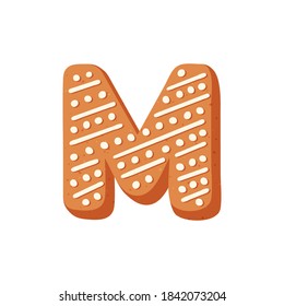 The letter "M" of the Latin alphabet. Christmas ginger sponge cookies in the shape of a letter, decorated with icing sugar or icing. Vector stock illustration isolated on a white background.