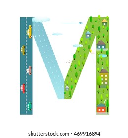 Letter M of the latin alphabet Funny cartoon ABC for children. For children boys and girls with city, houses, cars, trees. Learning, teaching, studying abc, flat style. Vector illustration