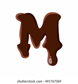 Letter M from latin alphabet with numbers and symbols made of dark melted chocolate