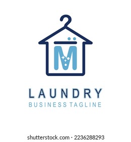 Letter M for Laundry Business Logo Design Idea Template with House and Hanger Icon. Dry Cleaning Clothes Wash Machine