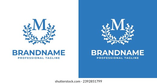Logotipo de letra M Laurel Fish, adecuado para negocios relacionados con el pescado y el Laurel con M inicial