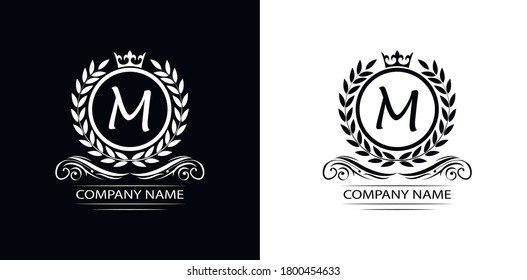 Letter M laurel wreath template logo Luxury letter with crown. Monogram alphabet . Beautiful royal initials letter.	 