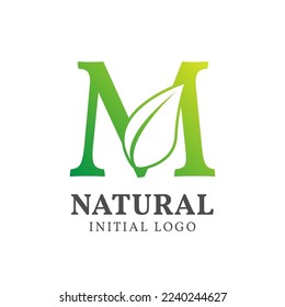 letter M with leaf natural initial vector logo design