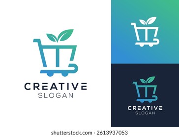 Letter M and leaf with trolley logo design for vegetable shop and shopping