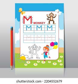 Letter M Learning Kids alphabet activity. Worksheet for learning alphabet. Handwriting practice sheet. Basic writing.