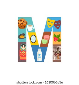 Letter M learning poster for kids. Alphabet for preschool and primary school education.