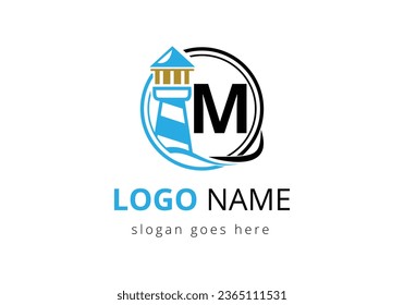 Letter M Lighthouse Logo Design Vector Template. Modern vector lighthouse logo for business, organization, or website