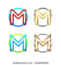 Letter M Line Alphabet logotype Cross and Linked Circle shape, Silver Golden Metal and Glossy Colorful logo, Connect Technology and Digital symbol, Blockchain and Industrial Sign, Business Company