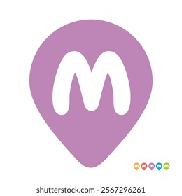 Letter M location map pin icon, initial m gps pointer symbol vector illustration, alphabet m combined with map marker sign, purple on white background