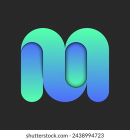 Letter M logo 3d design vibrant blue and green gradient smooth layers, creative typography symbol with overlapping turquoise surfaces and shadows.