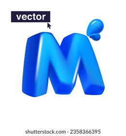 Letter M logo 3D render in cartoon cubic style made of blue clear water and dew drops. Eco-friendly vector illustration. Impossible isometric shapes. Perfect for nature banner, healthy filter labels.