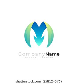 Letter M logo with arrow design combination, blue color
