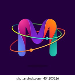 Letter M logo with atoms orbits lines. Bright vector design for science, biology, physics, chemistry company.