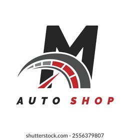 letter M logo auto mechanic with speedometer style. Alphabet M automotive speedometer design icon