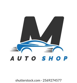 letter M logo auto mechanic with car style. Alphabet M automotive car design icon