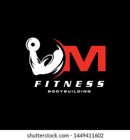 Letter M Logo With Barbell. Fitness Gym Logo. Vector Logo Design