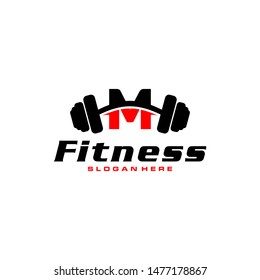 Letter M Logo With barbell. Fitness Gym logo. fitness vector logo design for gym and fitness.