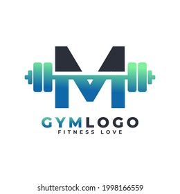 Letter M Logo With Barbell. Fitness Gym logo. Lifting Vector Logo Design For Gym and Fitness. Alphabet Letter Logo Template