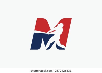 letter M logo with baseball player silhouette. It is good for team logo, club, sticker, etc