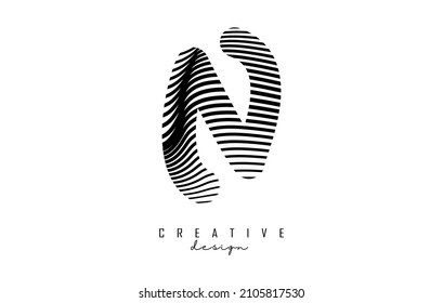 Letter M logo with black twisted lines. Creative vector illustration with zebra, finger print and wavy pattern lines.