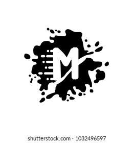 Letter M logo with black white splash background, letter combination logo design for creative industry, web, business and company.