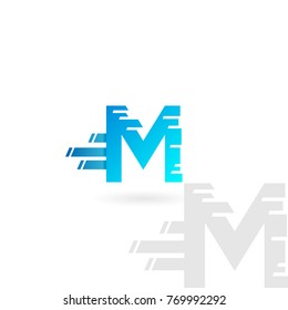 Letter M logo. Blue distorted vector icon. Speed concept font.