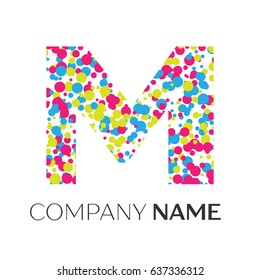 Letter M logo with blue, yellow, red particles and bubbles dots on white background. Vector template for your design