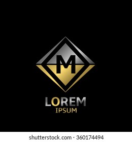 Letter M logo. Brand symbol with golden and silver elements, Vector illustration
