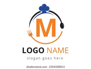 Letter M Logo With Chef Hat, Spoon And Fork For Restaurant Logo. Modern vector logo for café, restaurant, cooking business, and company identity