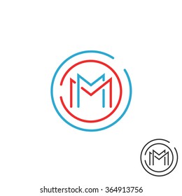 Letter M Logo Circle Frame Monogram, Mockup Line Round Border Design Element, Red And Blue Graphic Tech Geometric Shape.