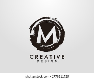 Letter M Logo With Circle Grunge Splatter Element. Retro logo design template.
