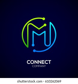 Letter M logo, Circle shape symbol, green and blue color, Technology and digital abstract dot connection