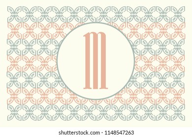 Letter M logo in a circular badge shape isolated on an ornamental background.Small letter m vector icon on a decorative retro pattern.