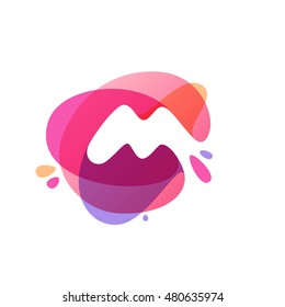 Letter M logo at colorful watercolor splash background. Vector elements for posters, t-shirts and cards. 
