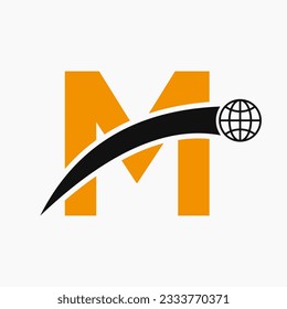 Concepto de logotipo de letra M con plantilla de vector de icono mundial