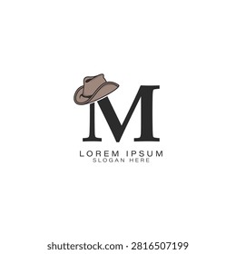 Letter M Logo with a Cowboy Hat. Alphabet M with modern Design Stetson Hat Icon