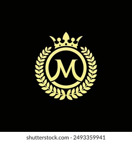 Letter M Logo With Crown and Laurel Wreath - Premium Quality Letter Royal Logo Design Template