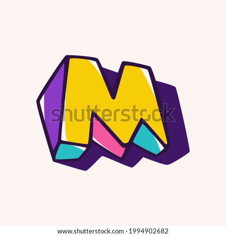 Letter M logo in cubic children style based on impossible isometric shapes. Perfect for kids labels, illusion branding, cute birthday posters etc.