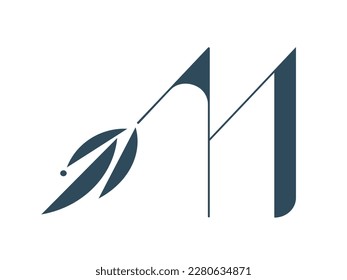 Letter M logo. Decorative creative font icon isolated on light fund. Elegant symbol for beauty, spa, gift boutique, natural, fresh food brand. Alphabet initial. Green leaf, plant, flower.