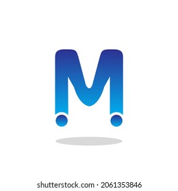 Letter M logo design with 2 wheels below. Blue Letter M logo design and shadow below